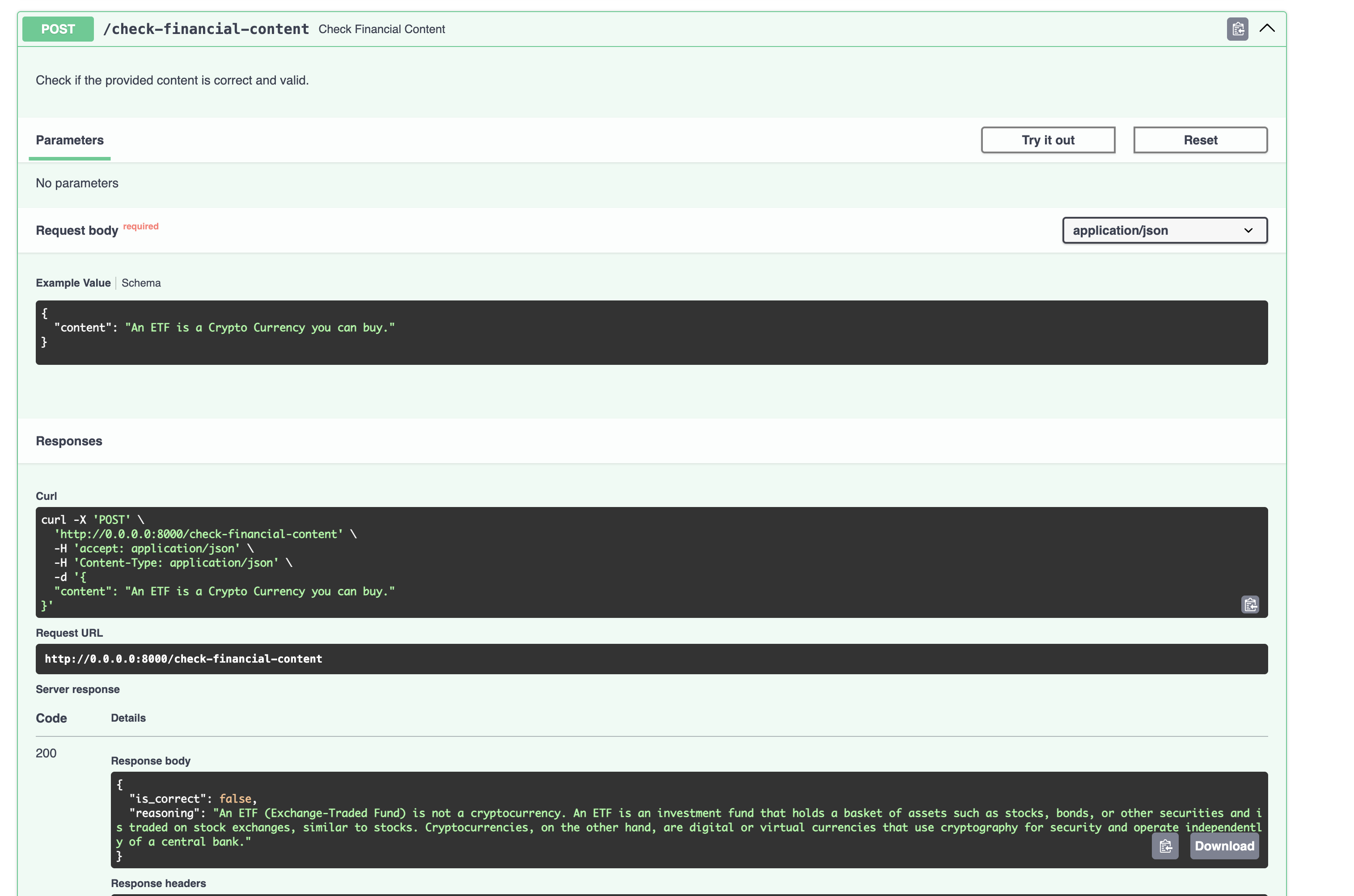 Testing the API using Swagger (/docs)