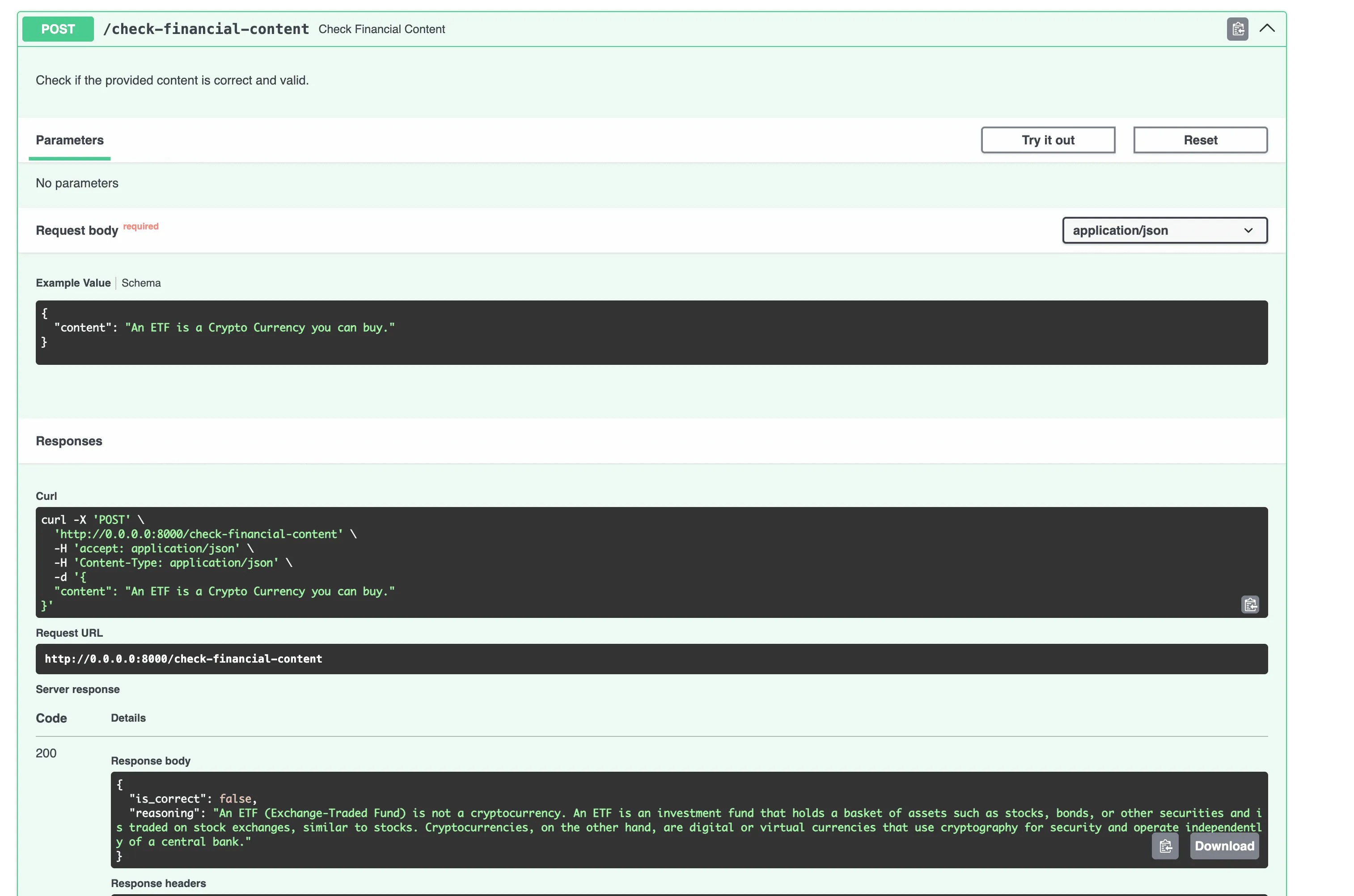 Testen der API über Swagger (/docs)